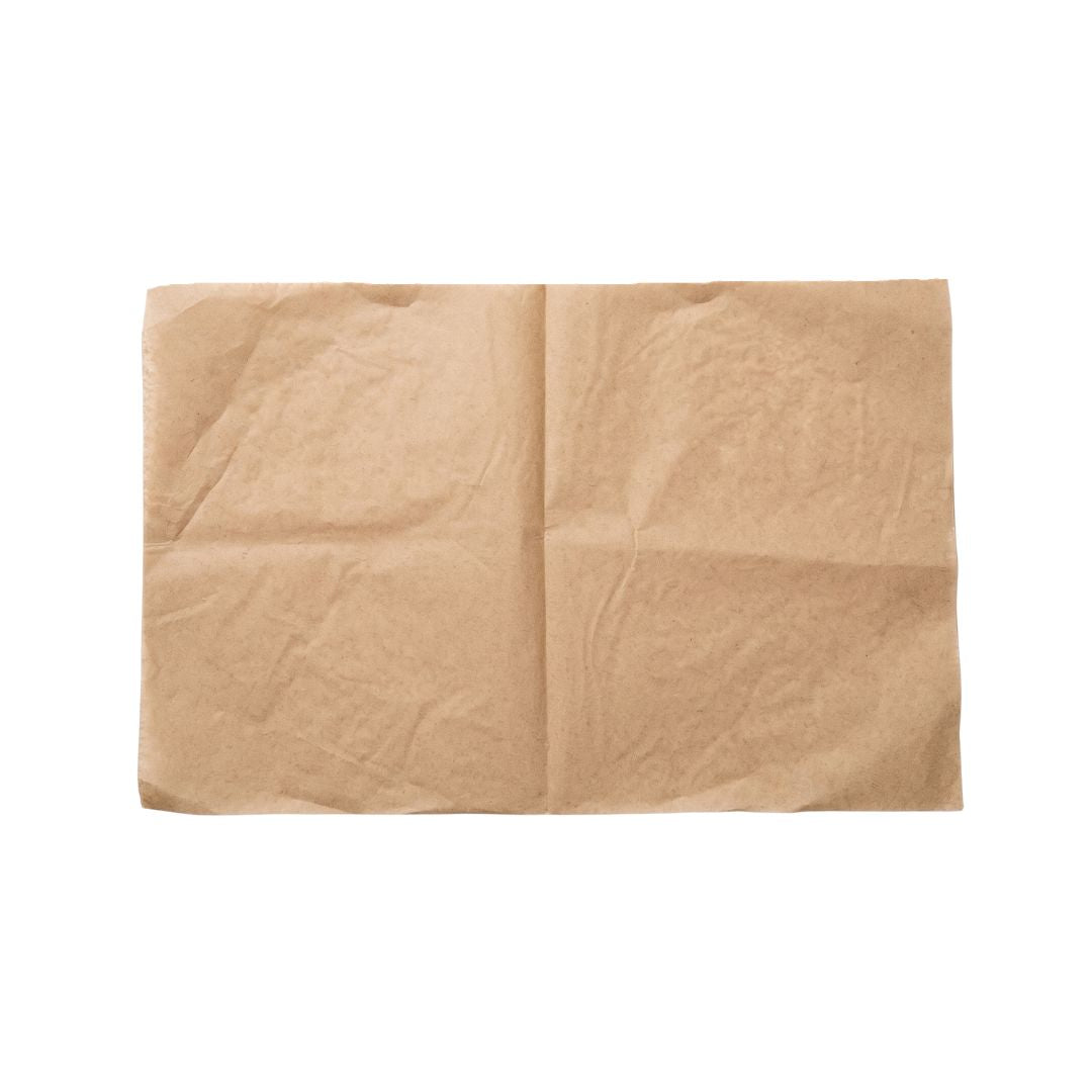 A single square sheet of brown kraft paper with visible creases, centered on a plain white background.