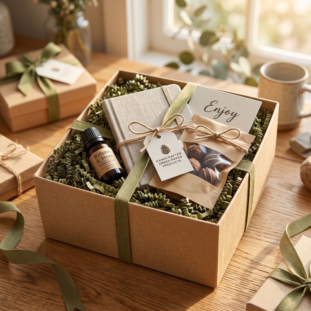 A gift box set on a wooden table, featuring a kraft paper box wrapped in an olive green ribbon, filled with green filler. Inside are a linen-covered notebook tied with a twine bow and a card, a small amber essential oil bottle, and a chocolate gift bag with a 'Enjoy' tag.