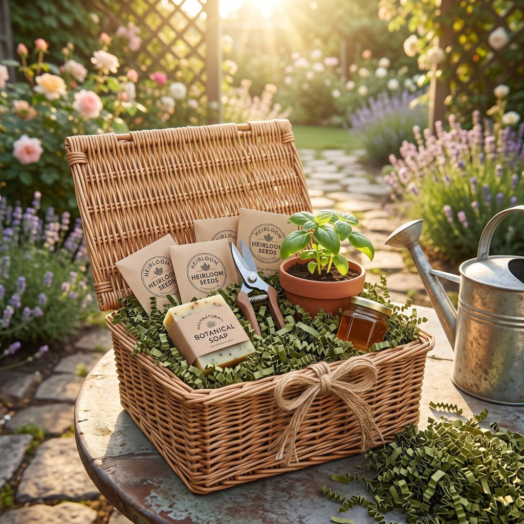 A wicker gift basket filled with gardening essentials sits on a stone table in a sunlit garden. The basket contains seed packets, a small potted basil plant, gardening gloves, and a small jar, tied with a twine bow and resting on olive green filler paper.