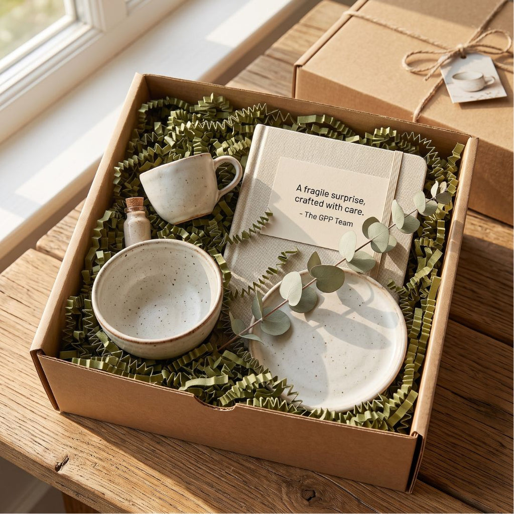 A gift box filled with ceramic tableware and a notebook on a wooden table near a window. The set includes a speckled bowl, matching mug, plate, small bottle, eucalyptus sprig, and a notebook card that reads, 'A fragile surprise, crafted with care. Olive green crinkle paper is used to cushion the ceramic pieces.
