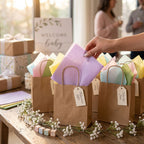 A hand places a piece of lavender tissue paper into a brown paper gift bag on a wooden table. The bags are decorated with pastel-colored tissue paper and hanging tags, set against a softly blurred baby shower background with wrapped gifts and a 'Welcome Baby' sign.