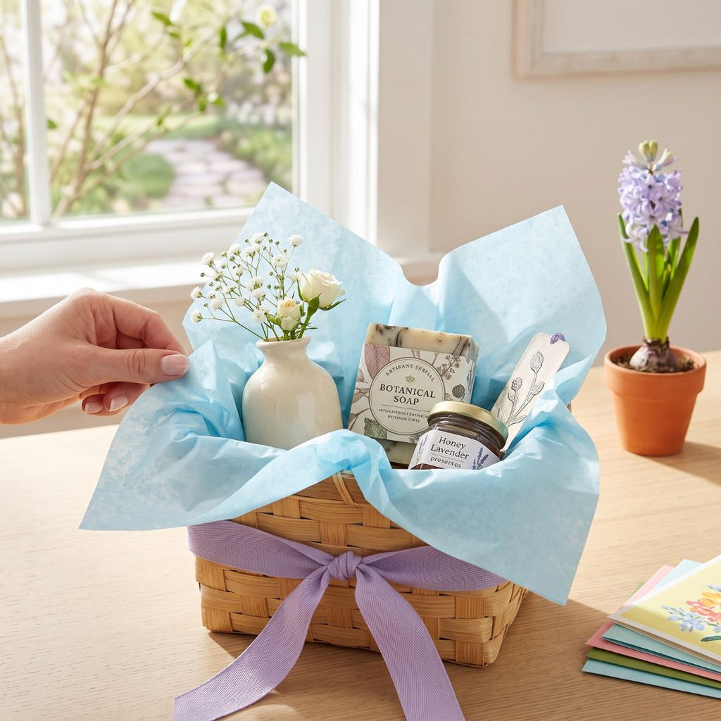A wicker gift basket tied with a lavender ribbon and lined with light blue tissue paper, filled with bath or body products including a botanical soap packet and a lavender jar. A hand is placing white flowers into a small white vase inside the basket.