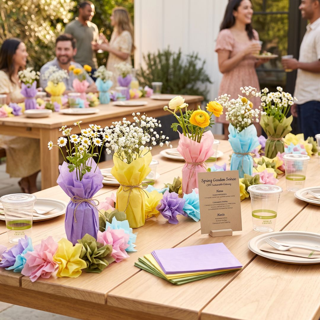 Outdoor dining tables decorated with colorful tissue-paper flower vases, paper flowers, and small floral arrangements, with people standing and chatting in the background at a garden party.
