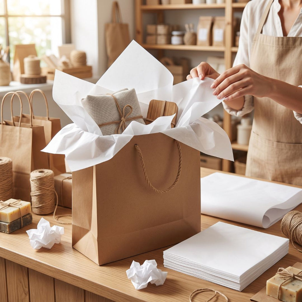 A person in a beige apron packs a brown kraft paper gift bag with white tissue paper on a wooden counter in a shop setting.