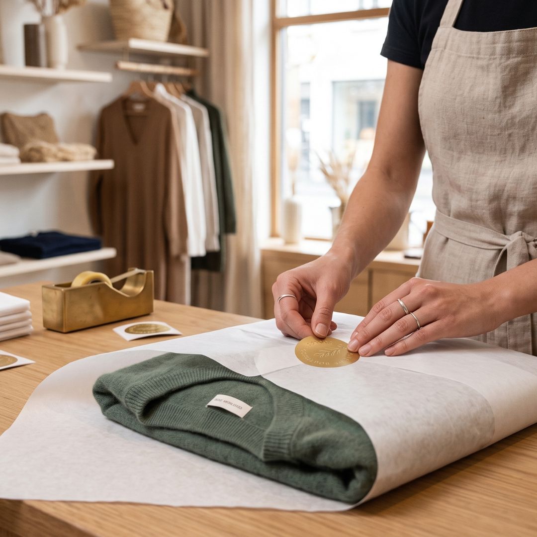 A person wearing a beige linen apron is carefully placing a sticker to close recyclable tissue paper around a folded sage green knit sweater. The background shows a softly blurred boutique interior with clothing racks and shelves.