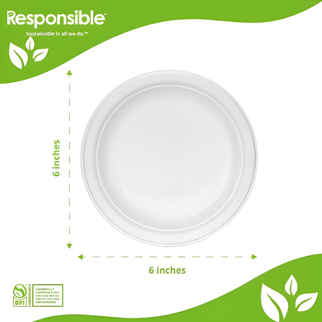 6-inch round plate with dimensions and 'Responsible' branding on a white background