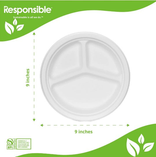 9" Round Plate | 3 Compartment | White | Compostable