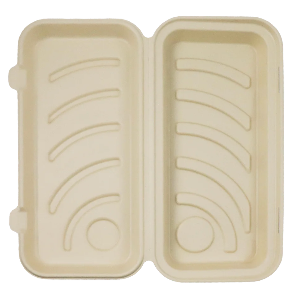 A compostable deep pizza box, shown open to reveal two sides with textured, ribbed interiors.