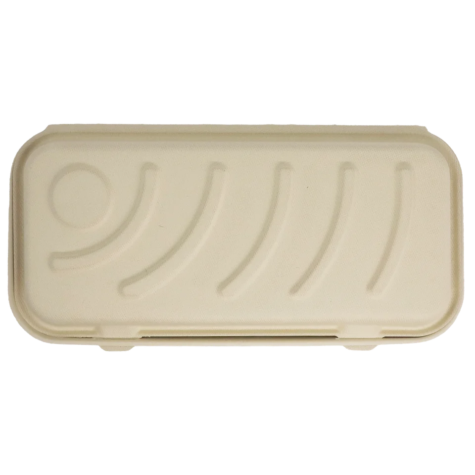 A rectangular pizza container with rounded corners, featuring embossed curved wave-like patterns on the lid, shown against a plain white background.