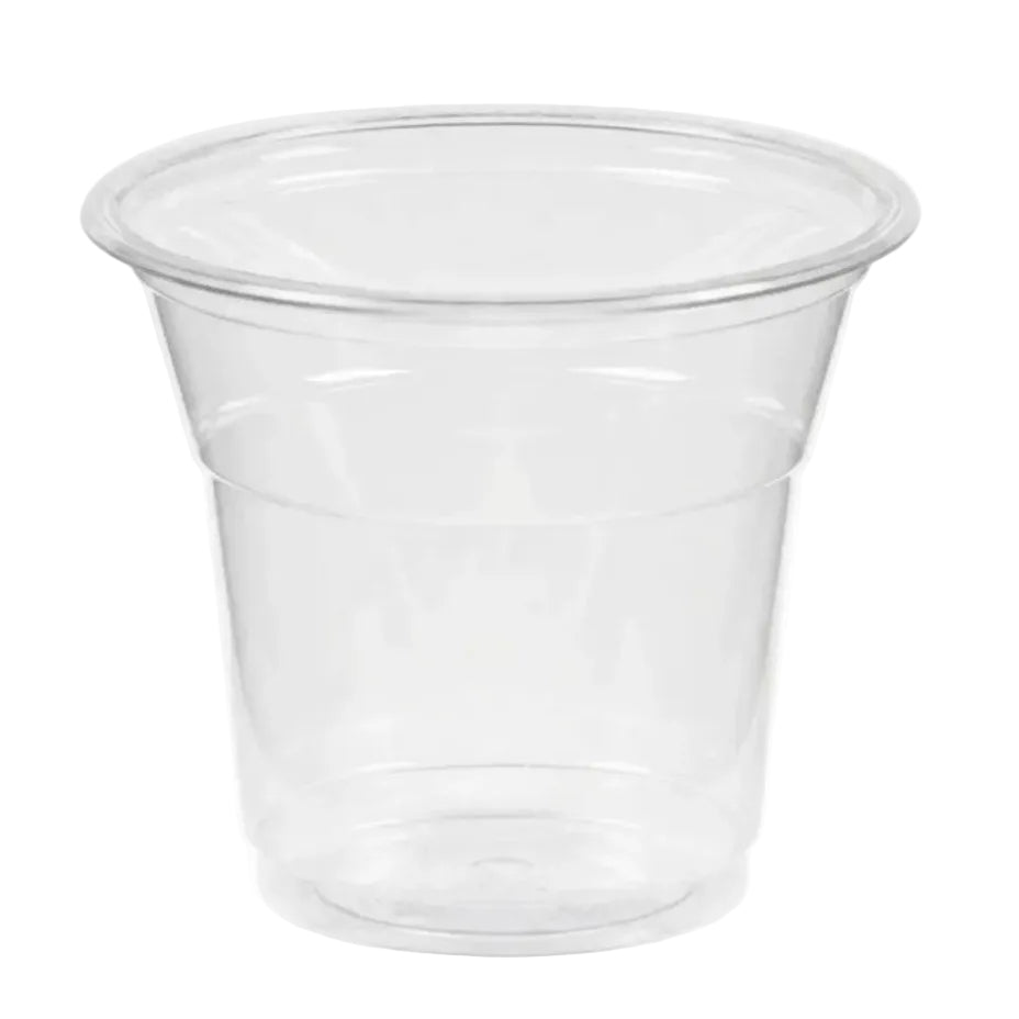 Clear compostable plastic cup on a white background