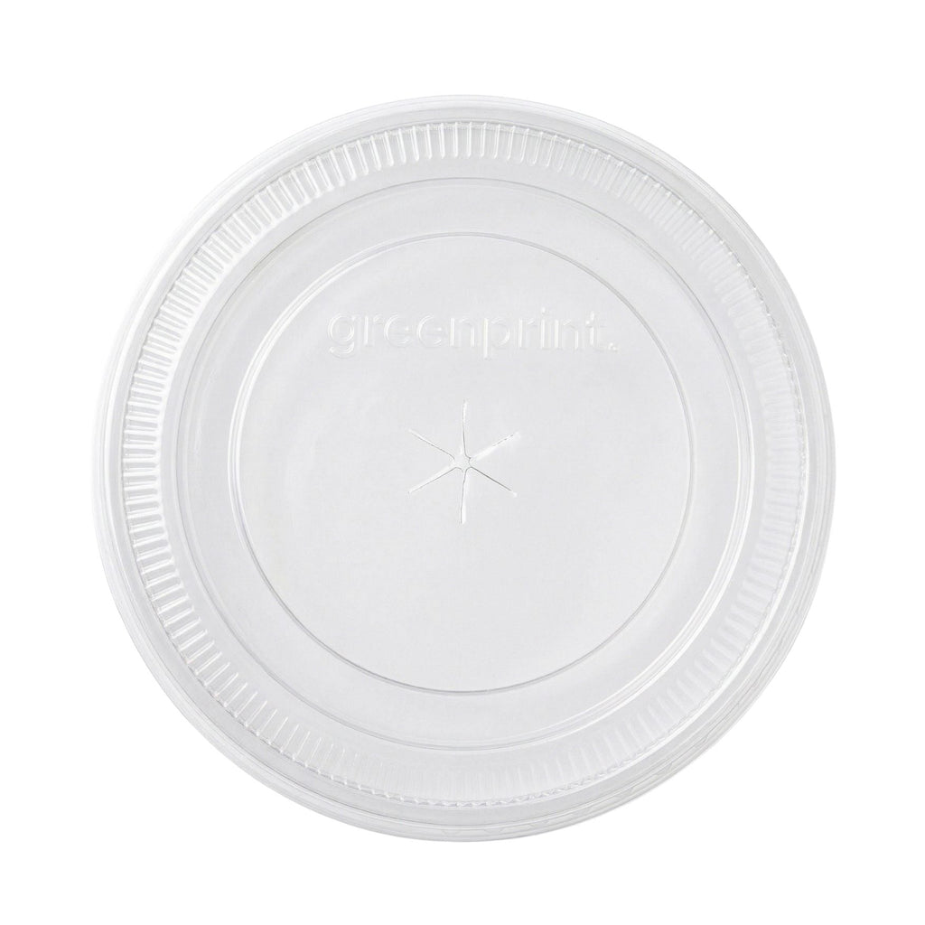 Clear compostable flat lid with brand name on a white background