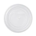 Clear compostable flat lid with brand name on a white background