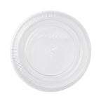 Clear compostable flat lid with brand name on a white background