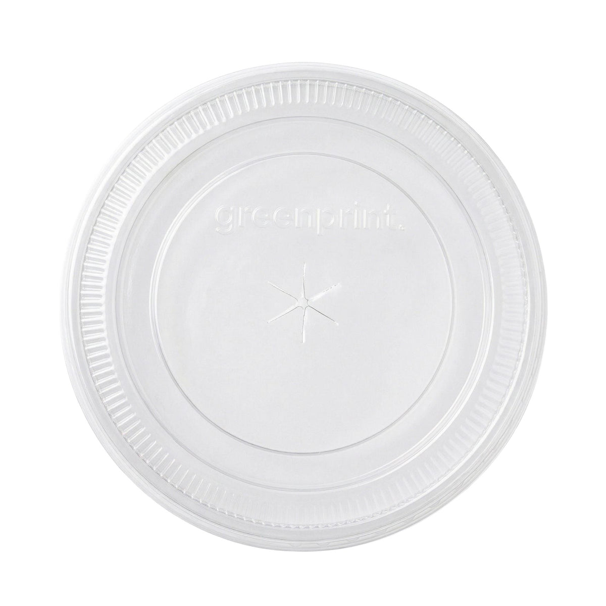 Clear compostable flat lid with brand name on a white background