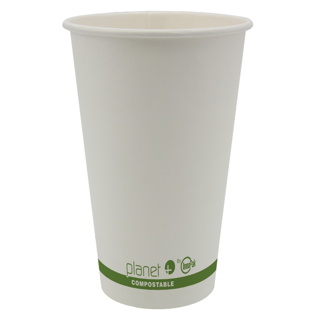 Compostable paper cup with 'planet+' branding on a white background