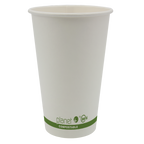 Compostable paper cup with 'planet+' branding on a white background