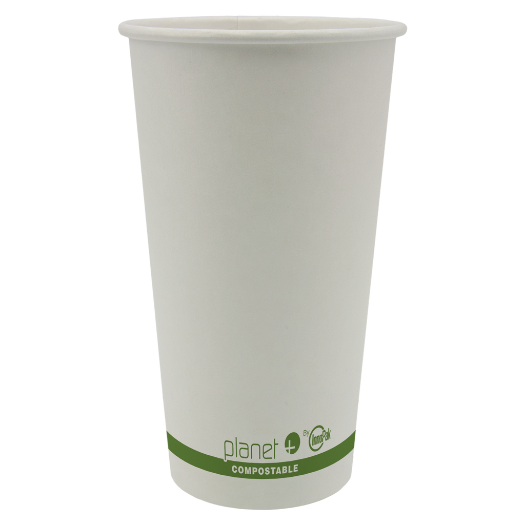 Compostable paper cup with green label on a white background