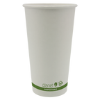 Compostable paper cup with green label on a white background