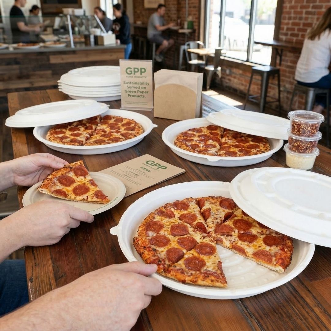 People enjoying slices of pepperoni pizza on compostable plates with whole pizzas in compostable trays nearby at a casual dining setting with 'GPP' branding.