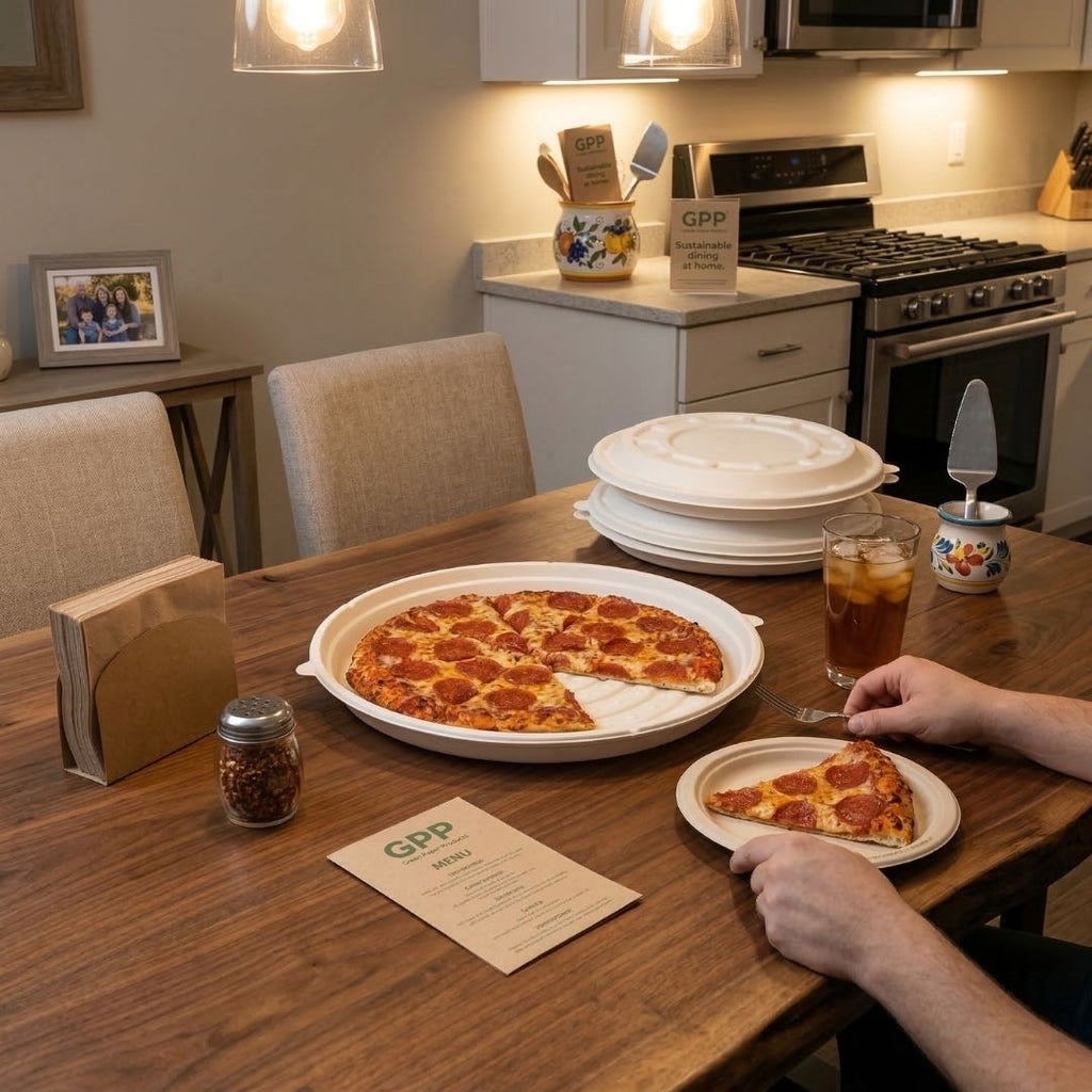 Person eating pizza from a fiber pizza tray at a table in a kitchen.