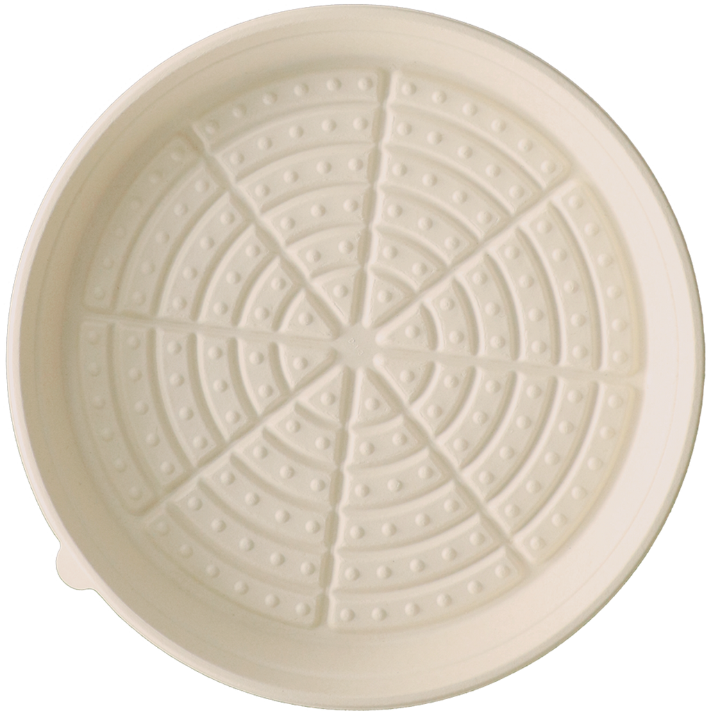 Compostable pizza tray with embossed design on a white background