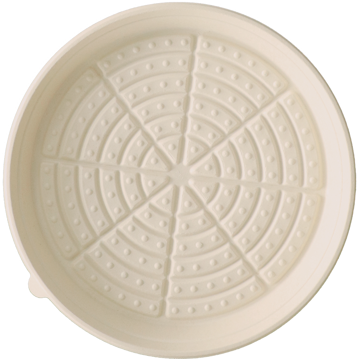 Compostable pizza tray with embossed design on a white background