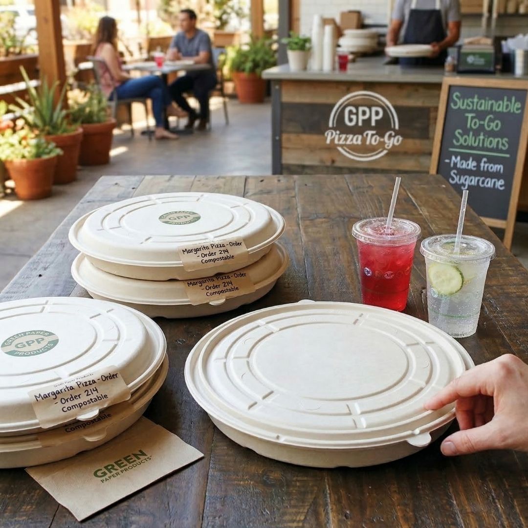 Stack of pizza boxes with a hand reaching for one, set on a wooden table with drinks and a restaurant in the background.