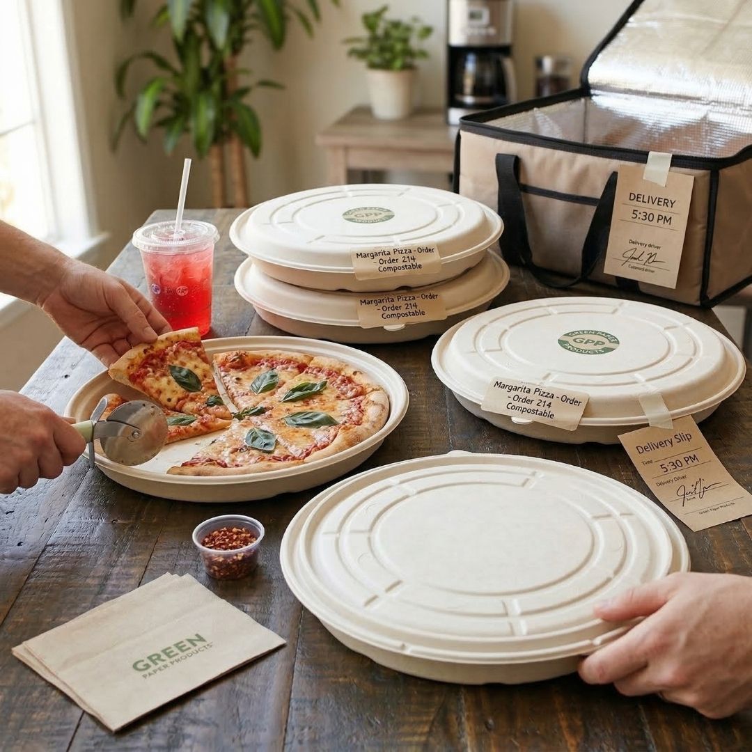 A person cutting a pizza inside a pizza clamshell on a wooden table with delivery boxes and drinks.