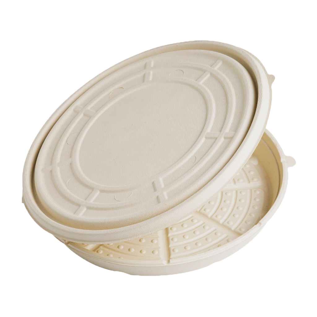 Compostable pizza tray with lid on a white background