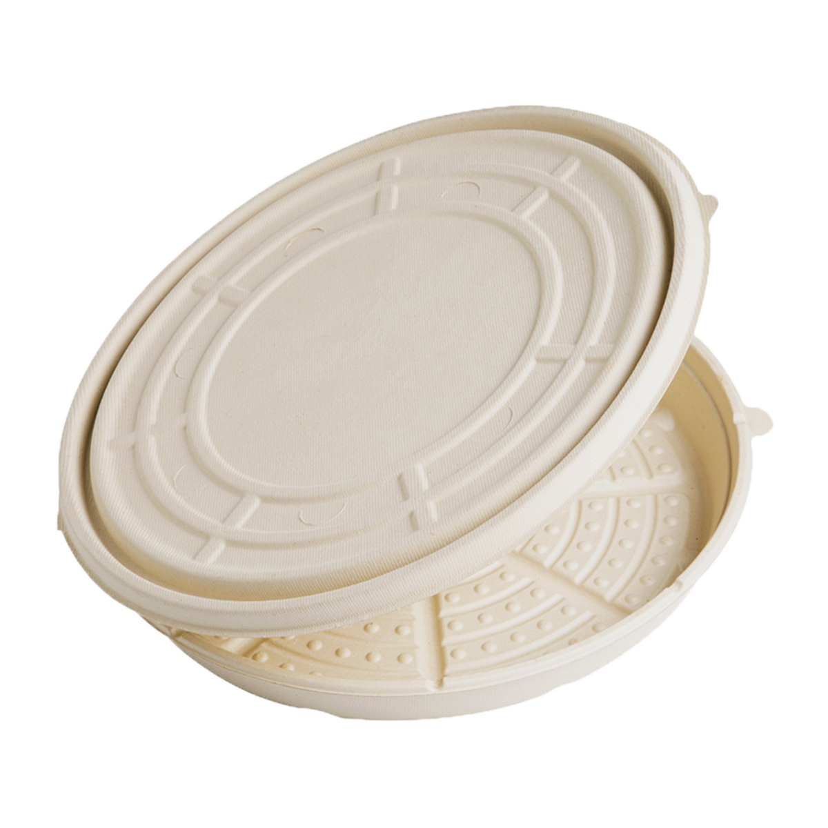 Compostable pizza tray with lid on a white background