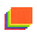 A stack of five colored tissue paper sheets fanned out on a plain white background, showing orange, yellow, green, blue, and red.