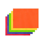 A stack of five colored tissue paper sheets fanned out on a plain white background, showing orange, yellow, green, blue, and red.