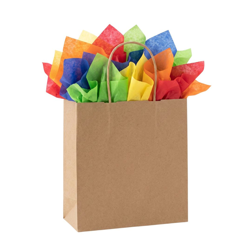 A brown kraft paper gift bag with twisted paper handles, filled with bright multicolor tissue paper in red, orange, yellow, green, and blue, shown on a plain white background.