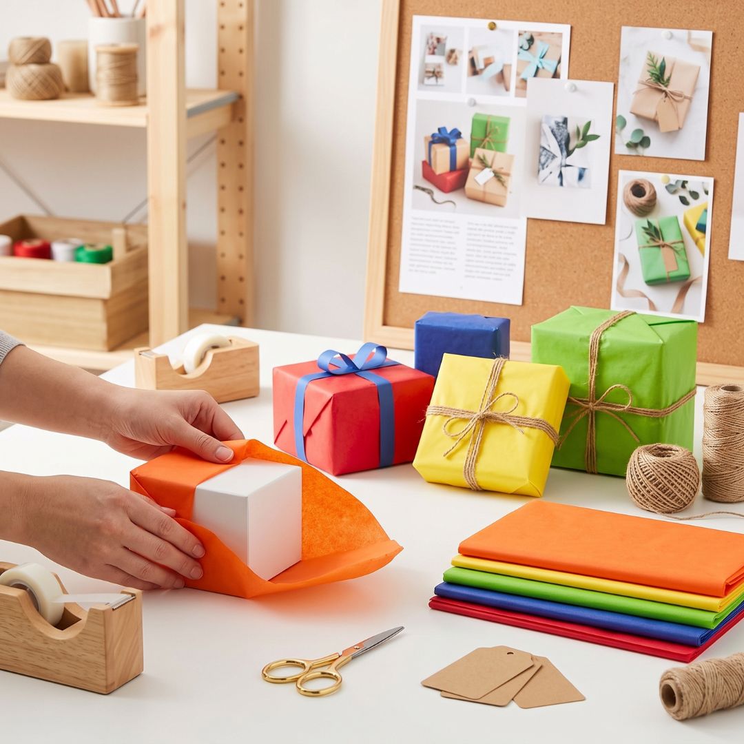A person's hands are wrapping a white gift box in orange tissue paper on a white table. Surrounding the workspace are wrapped gift boxes in red, yellow, and green, a stack of colorful wrapping paper sheets, twine, scissors, kraft tags, and a corkboard with gift wrapping photos.