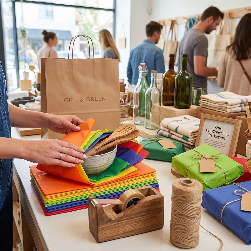 A retail display table filled with eco-friendly gift packaging supplies, including a stack of folded rainbow-colored tissue paper sheets, wooden utensils, a brown kraft paper bag printed with 'GIFT & GREEN', wrapped gift boxes in green, blue, and brown, a wooden tape dispenser, and a spool of twine. In the background, people are seen browsing a similar store interior.