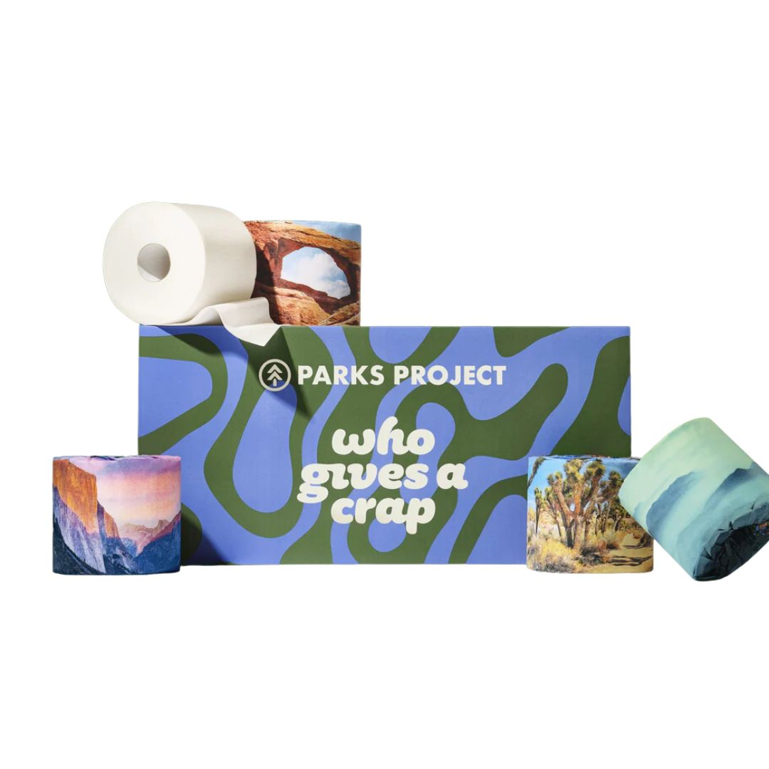 A set of toilet paper rolls and a matching box from Parks Project, featuring landscape photography prints on a white background.