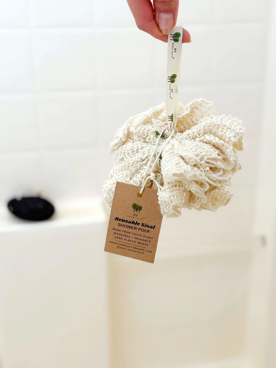 Reusable loofah with a tag on a white background