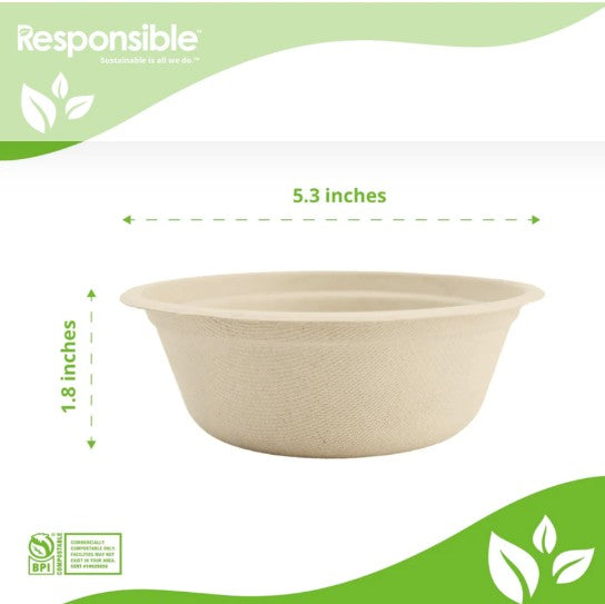 Brown bowl with dimensions labeled on a green and white background, featuring the 'Responsible' brand.