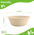 Beige bowl with dimensions labeled on a green and white background, featuring the 'Responsible' brand.