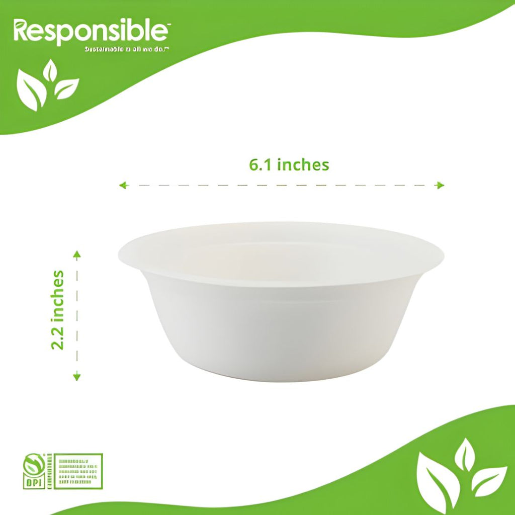 White bowl with dimensions labeled on a green and white background, featuring the 'Responsible' brand.