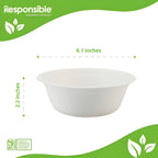 White bowl with dimensions labeled on a green and white background, featuring the 'Responsible' brand.