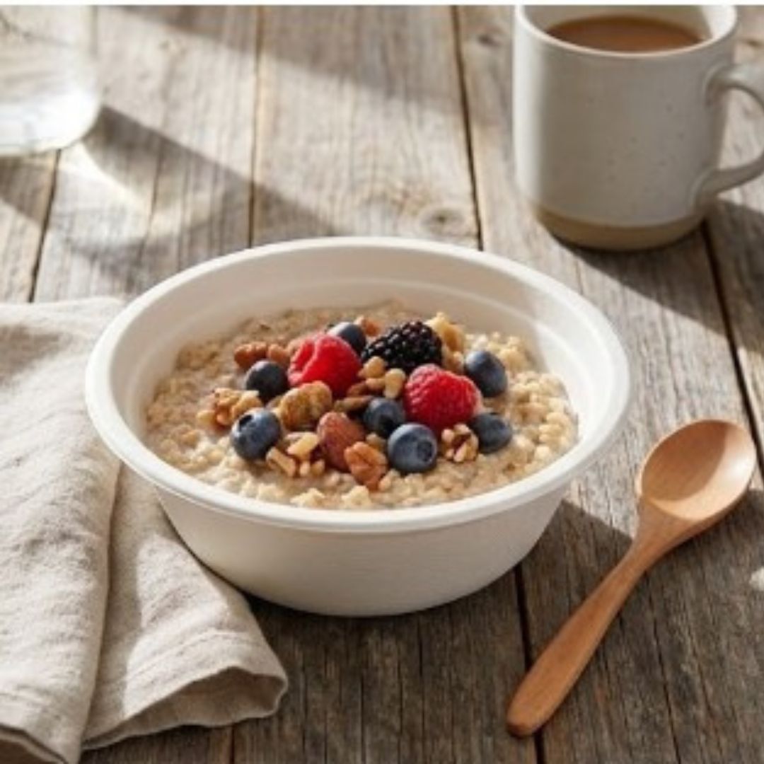 Disposable bowl of oatmeal with berries and nuts on a wooden table with a cup of coffee.