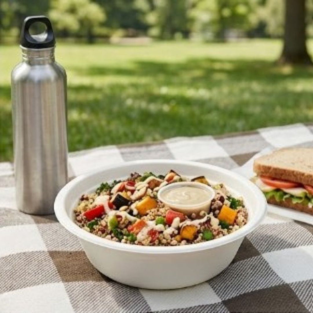 Colorful salad in a white bowl with a silver water bottle on a checkered picnic blanket outdoors.