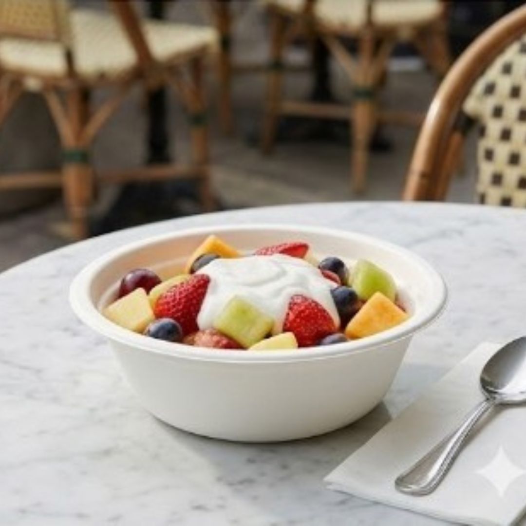 Fruit salad with yogurt in a white bowl on a marble table with chairs in the background