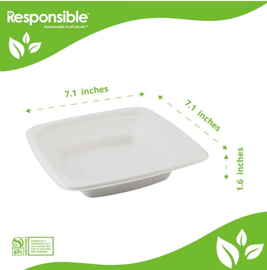 White bowl with dimensions labeled on a green and white background, featuring the 'Responsible' brand.