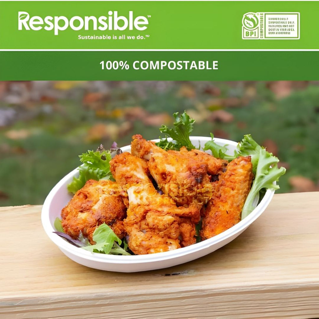 Compostable bowl with food on a wooden surface, branded as 'Responsible'.