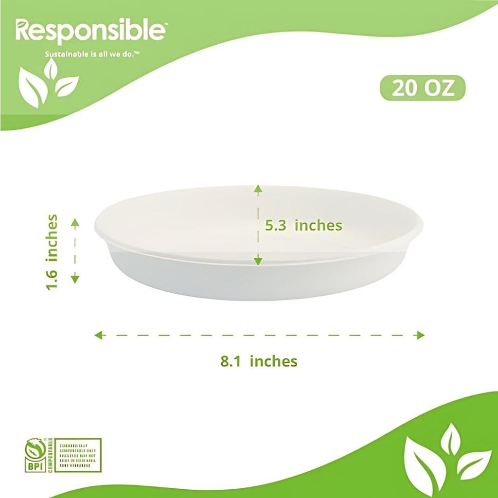 White bowl with dimensions and 'Responsible' branding on a green and white background
