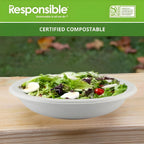 Disposable bowl of salad on a wooden table with 'Responsible' branding and compostable certification label.