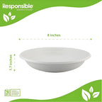 White bowl with dimensions on a green and white background, featuring the 'Responsible' brand.