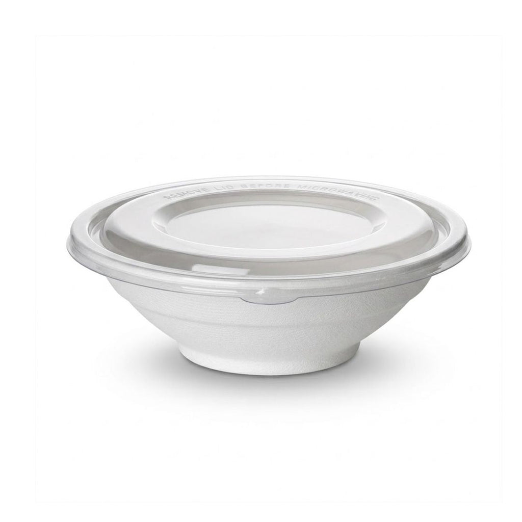 White compostable bowl with a lid on a white background
